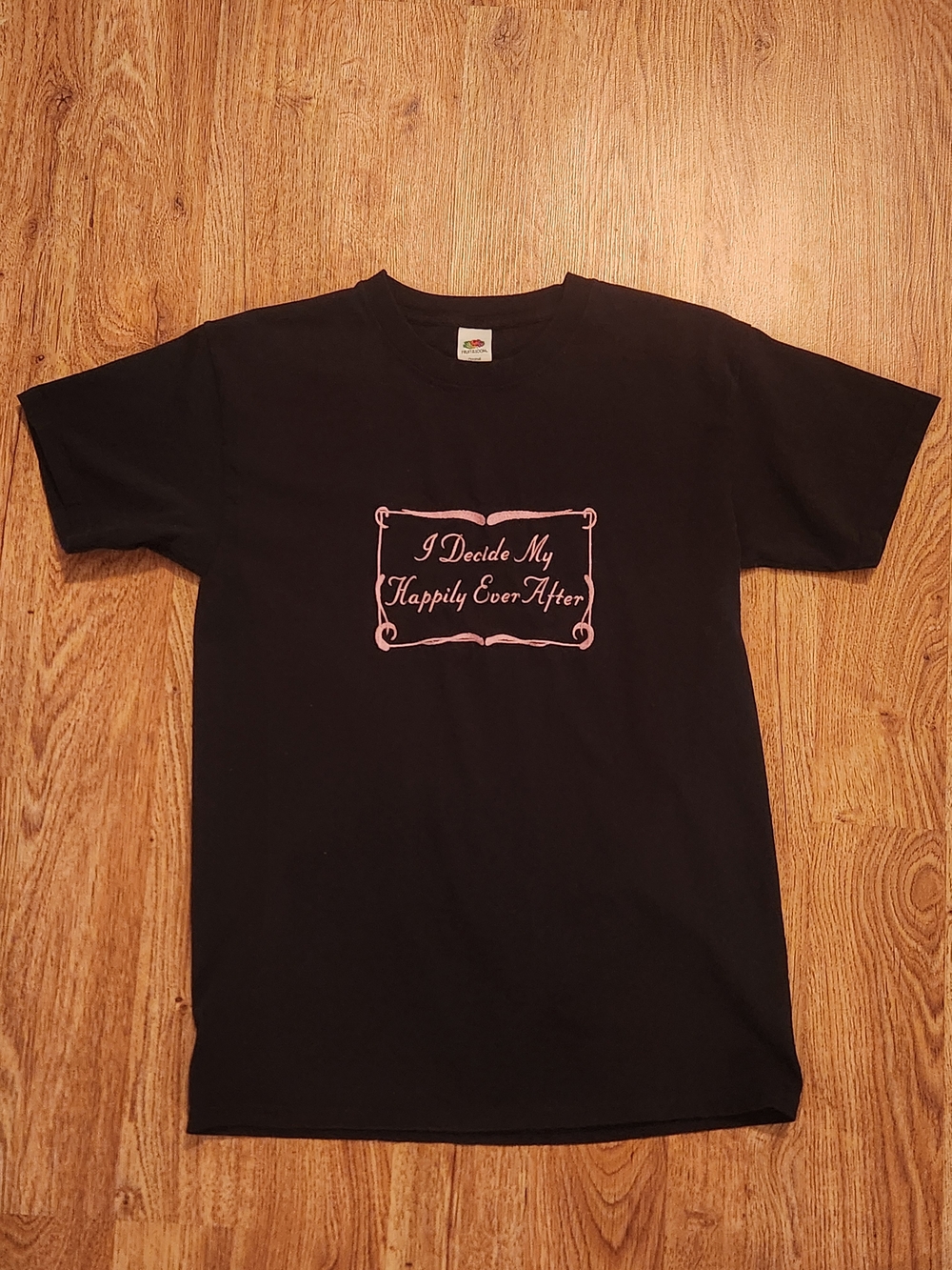 Black Tee with "I Decide My Happily Ever After" Embroidery, Size Small